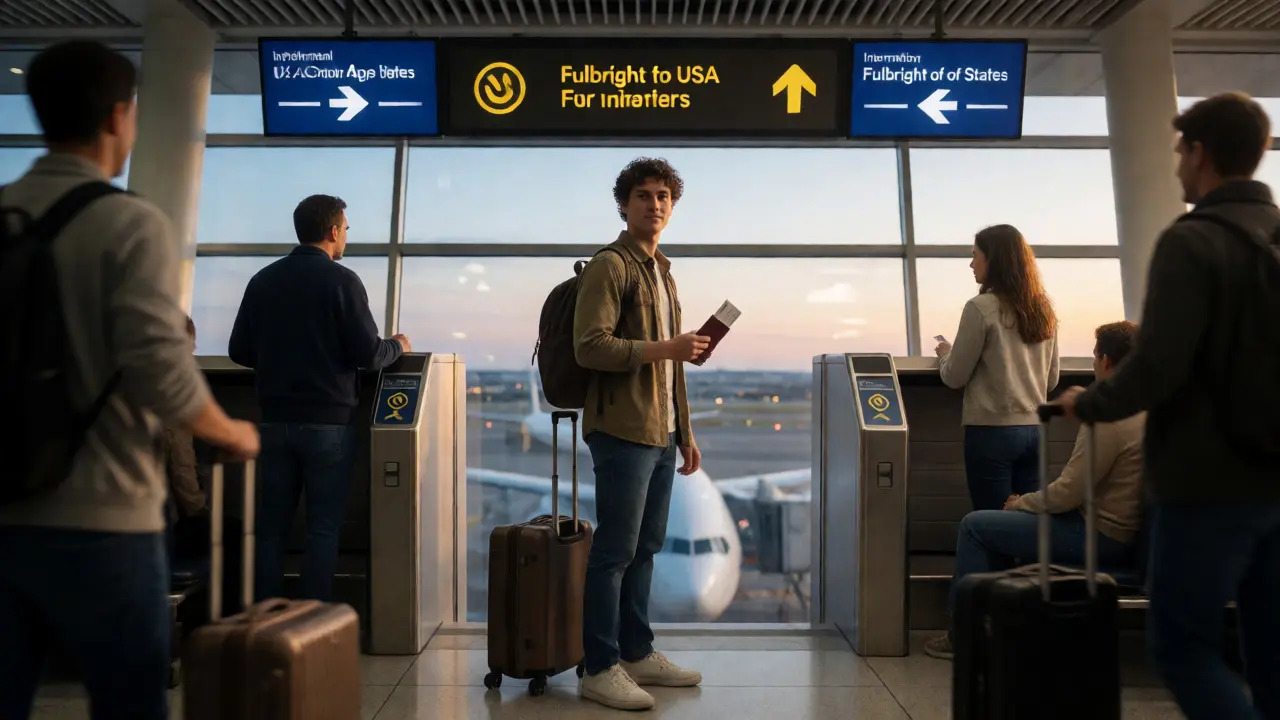 Studierende am Flughafen vor dem Abflug für ein Stipendium in den USA.