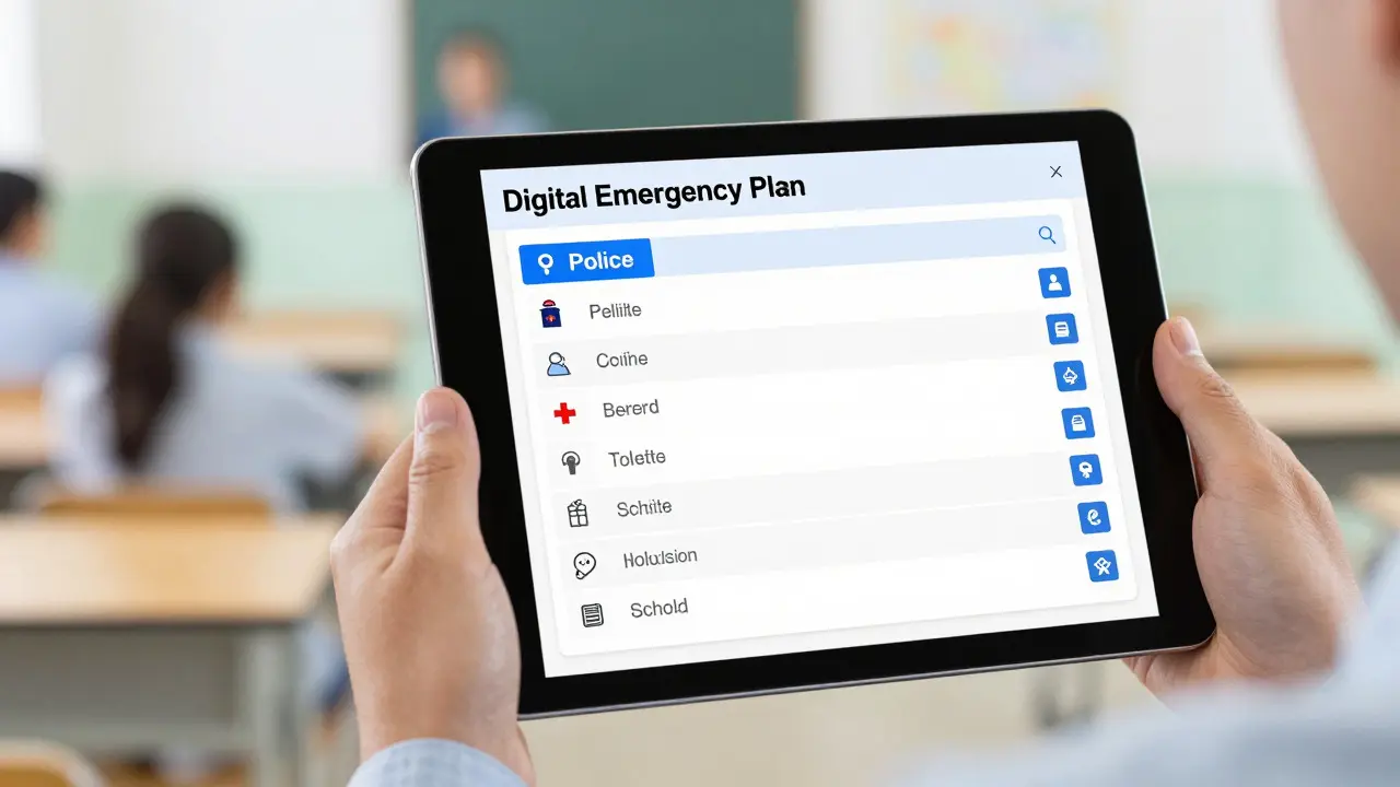Tablet zeigt digitalen Notfallplan für Schulen