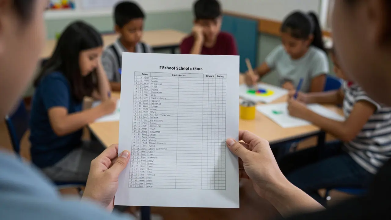 Teacher holding a test paper with a creative classroom activity blurred in the background