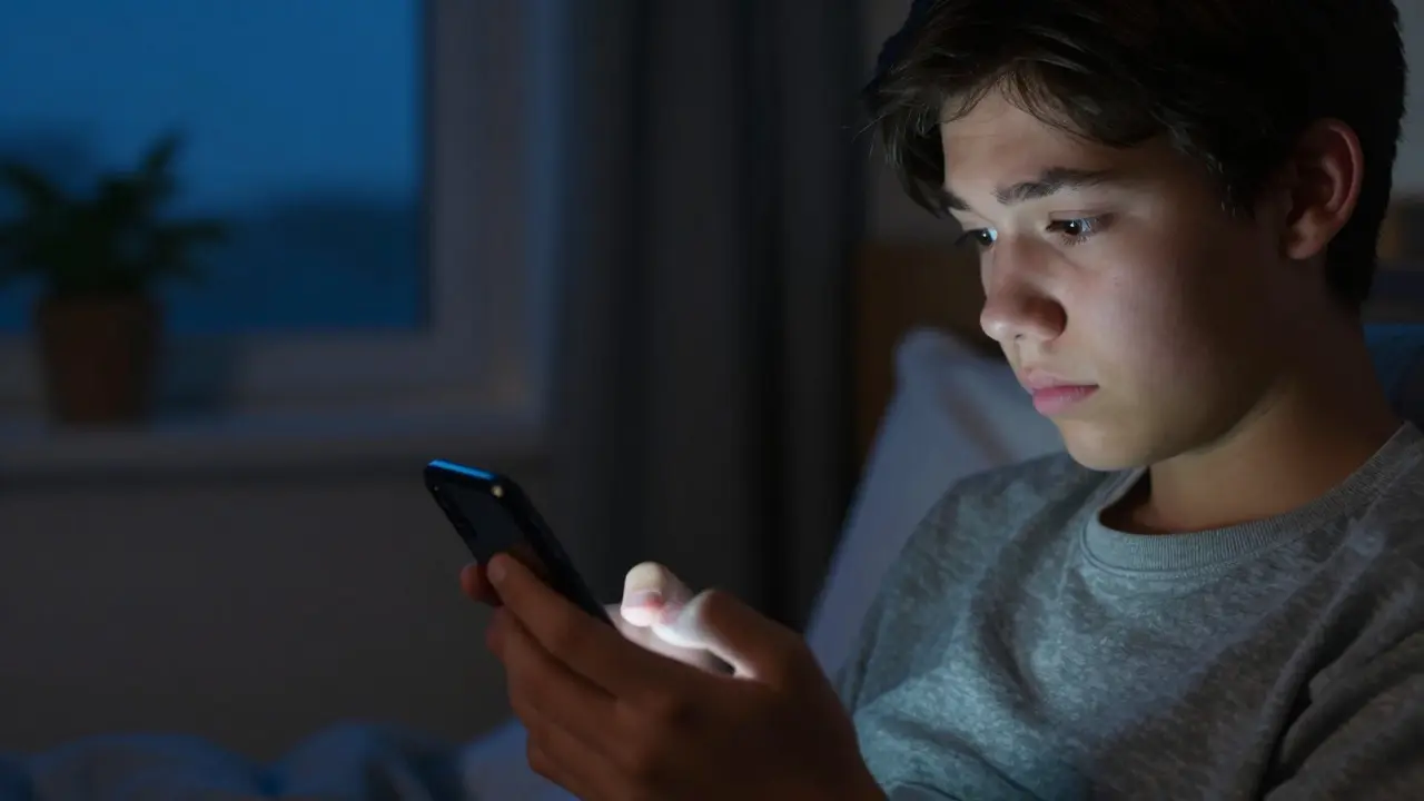 Teenager nutzt nachts das Smartphone für eine anonyme psychologische Soforthilfe