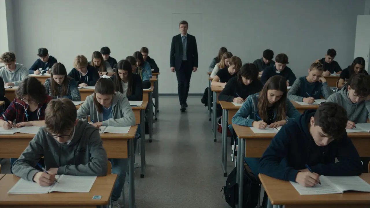 Wide view of a quiet exam hall with students taking the Matura exam