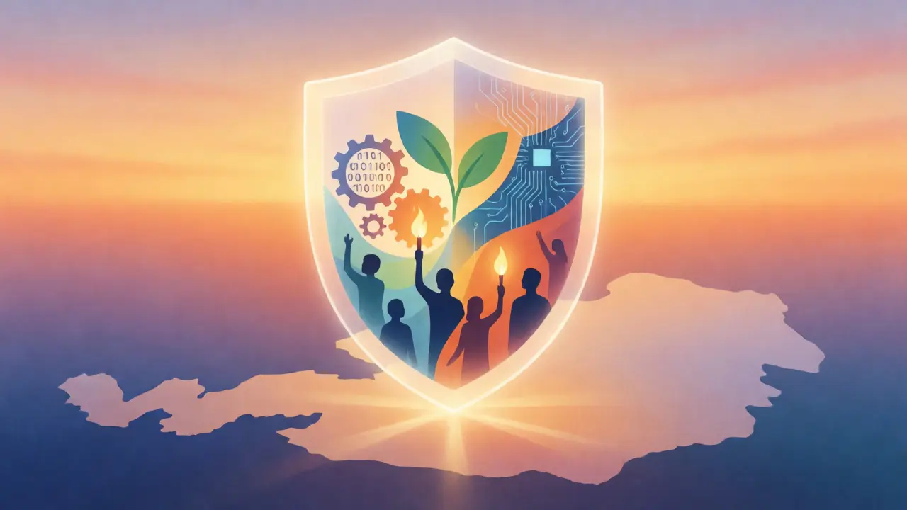 Abstraktes Symbol für das MINT-Gütesiegel mit Zahnrädern, Code und Natur über Österreich.