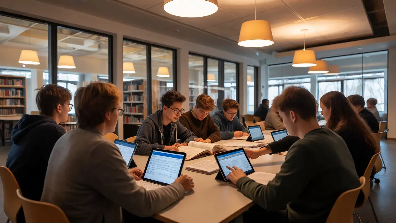 Ältere Schüler recherchieren gemeinsam mit Büchern und Tablets