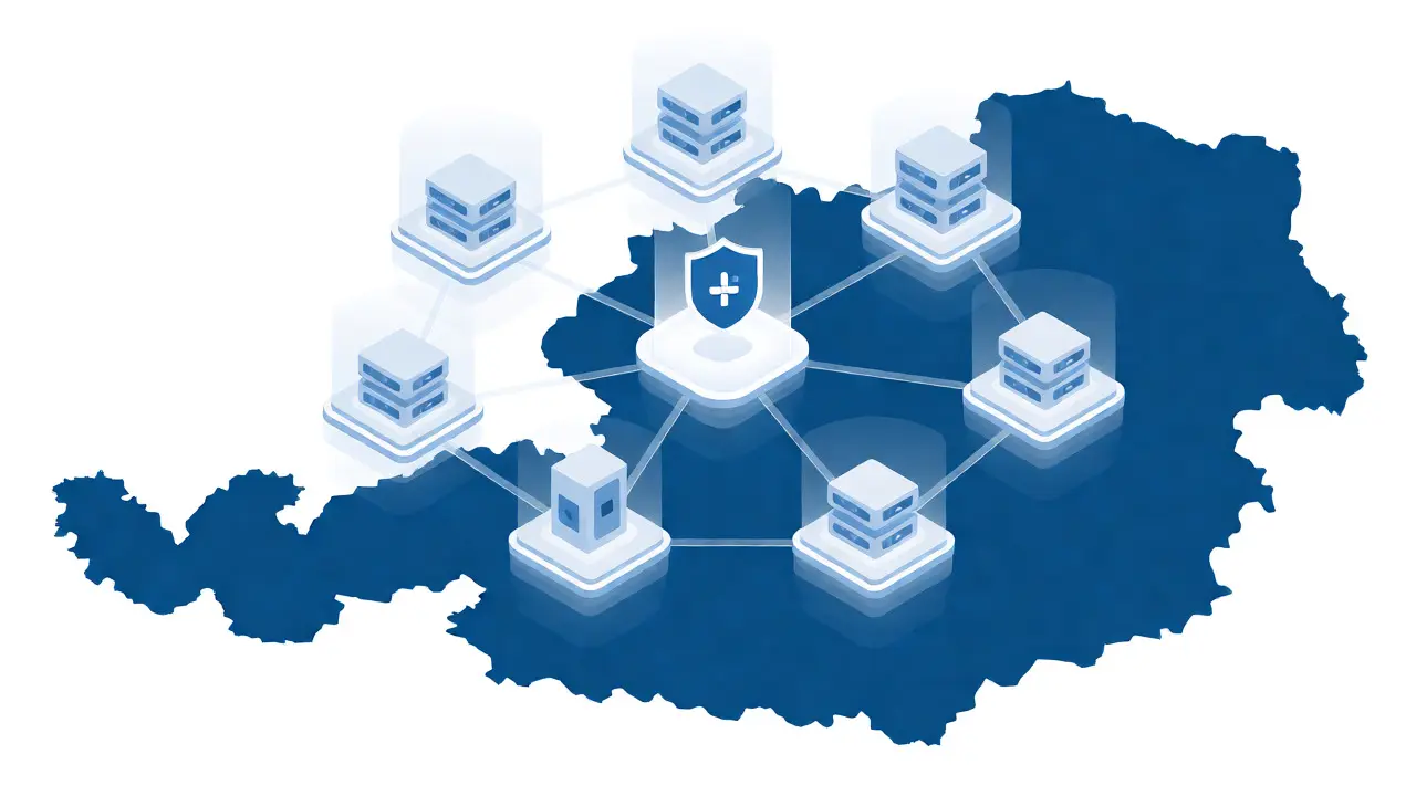 Isometrische Illustration eines digitalen Lern-Ökosystems über einer Karte von Österreich mit Datenschutz-Symbolen.