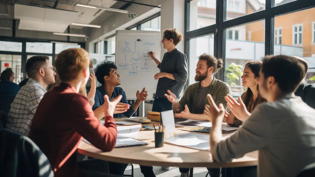 Junge Profis arbeiten aktiv im Team zusammen im Büro.