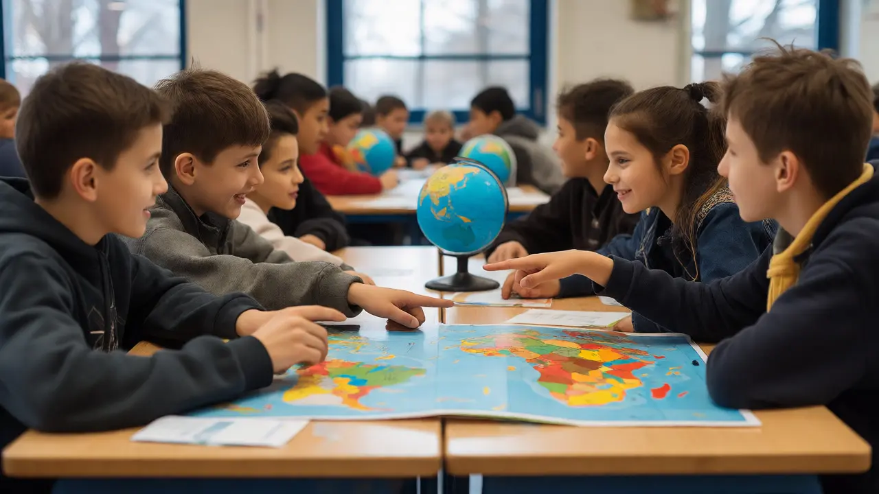 Kinder unterschiedlicher Herkunftssprachen arbeiten gemeinsam an einem Geografie-Projekt in einer SESB-Klasse.