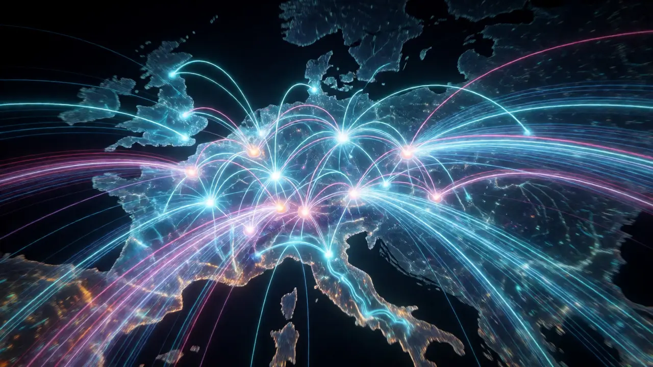 Konzeptuelle Darstellung des europäischen Quantenkommunikationsnetzes mit österreichischen Knotenpunkten.
