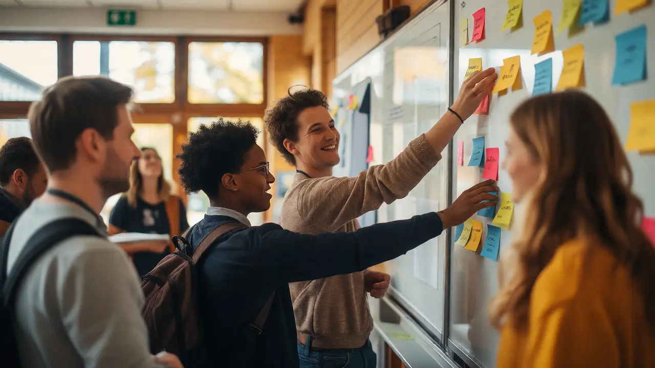Lehrer und Schüler arbeiten gemeinsam an einer Pinnwand in einer Schulflur-Szene.