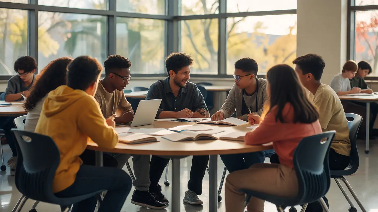 Lehrer unterstützt heterogene Schülergruppe bei einem Projekt in einer inklusiven Klasse.