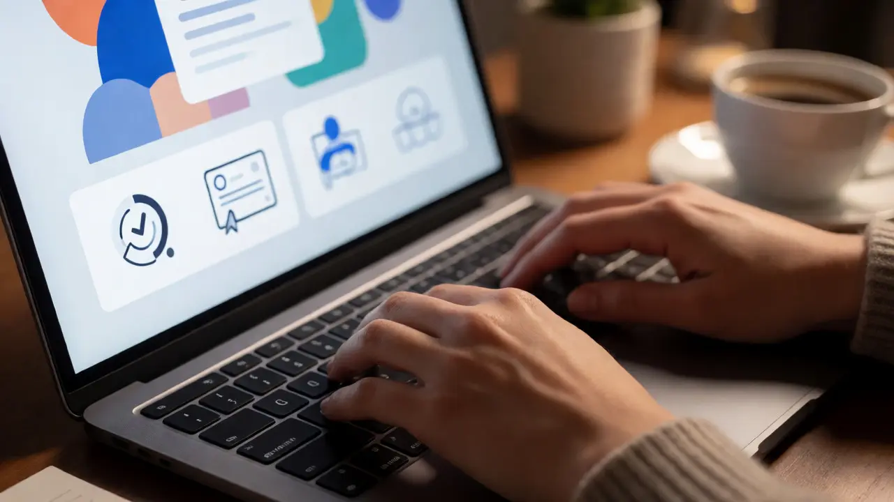 Nahaufnahme der Hände beim Tippen auf einem Laptop für bequemes Online-Lernen zu Hause.