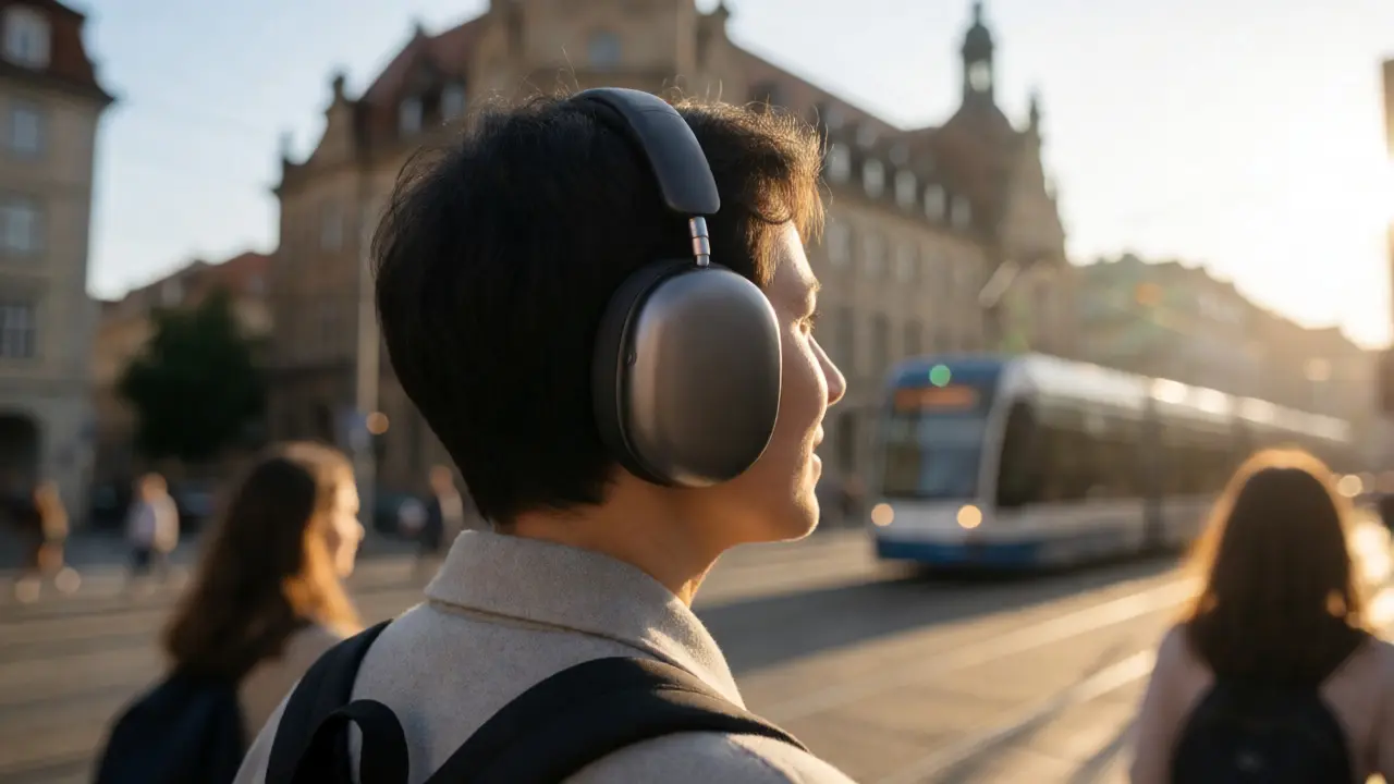 Person mit Kopfhörern hört Podcast auf der Straße