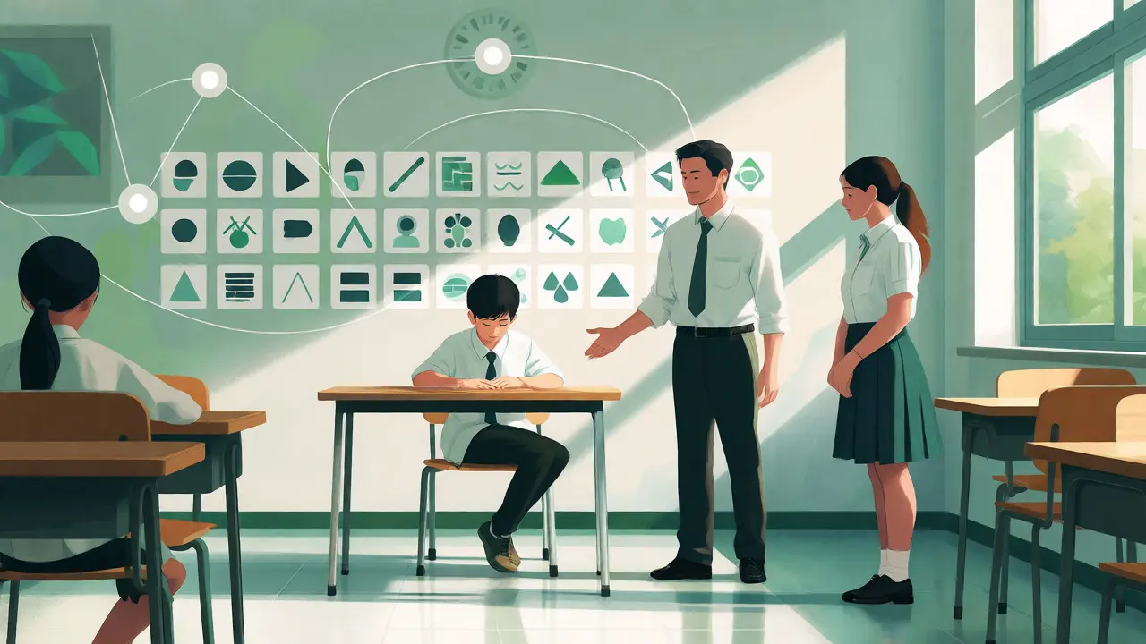 Ruhiges Klassenzimmer mit strukturierter Umgebung und unterstützendem Team für ein Kind.