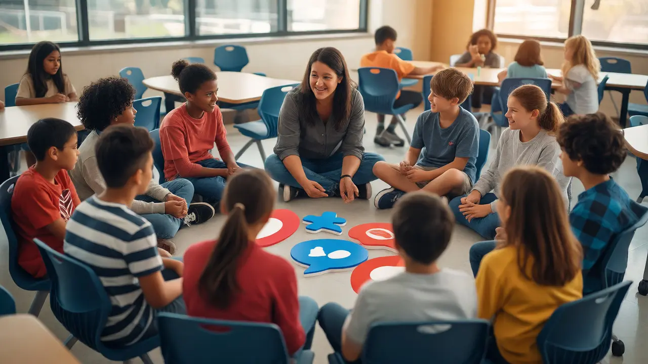 Schülergruppe im Klassenzimmer bei einem interaktiven Workshop zu digitaler Kompetenz.