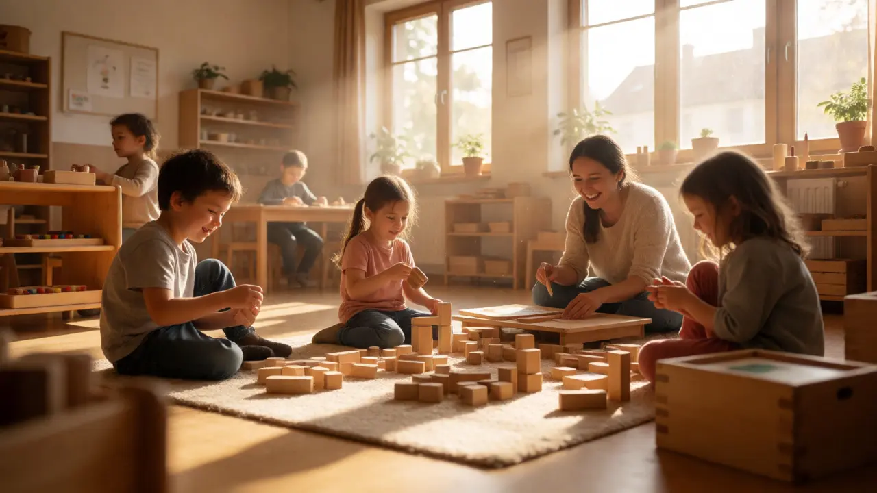 Sonniger Kindergartenraum mit spielenden Kindern