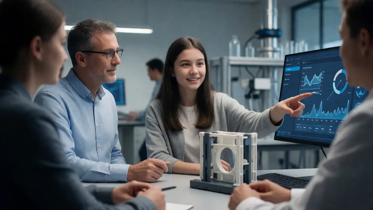 Studentinnen und Mentoren diskutieren ein technisches Projekt im Labor mit Fokus auf Geschlechtergerechtigkeit.