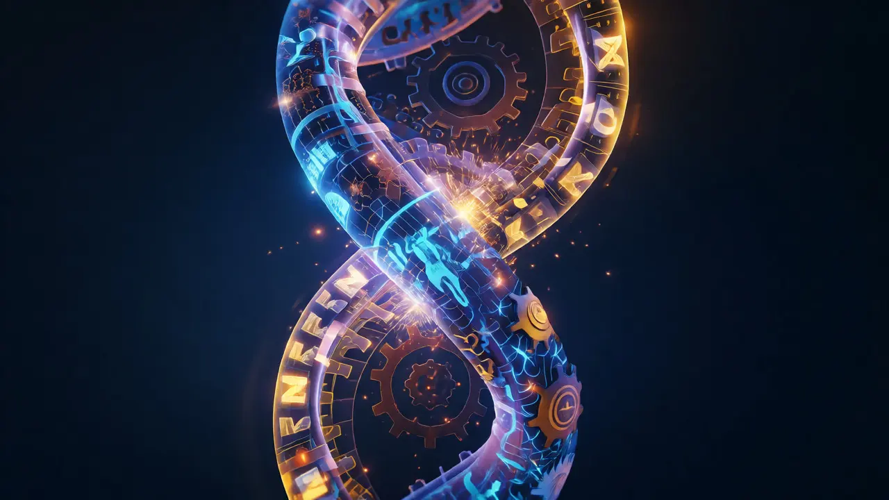 Abstrakte Darstellung der Triple-Helix-Theorie mit drei ineinander verschlungenen Leuchtbändern für Uni, Industrie und Gesellschaft.