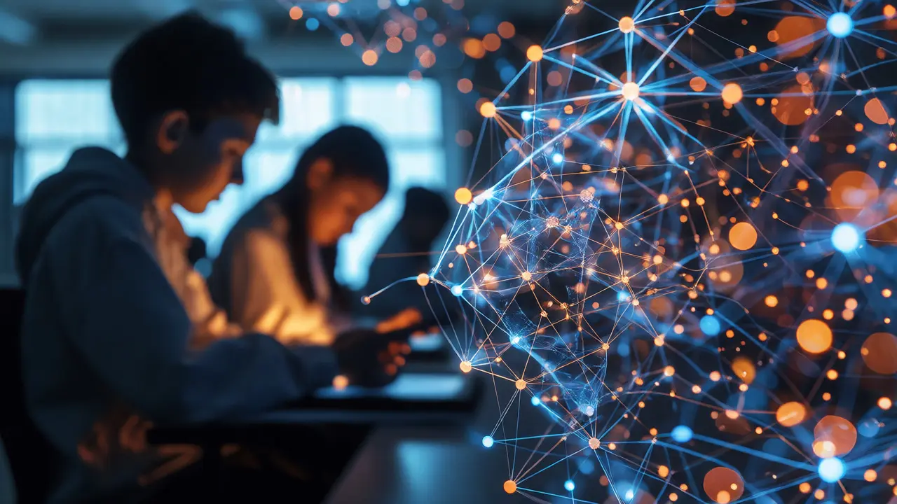 Abstrakte Darstellung eines neuronalen Netzes mit Schülern im Hintergrund