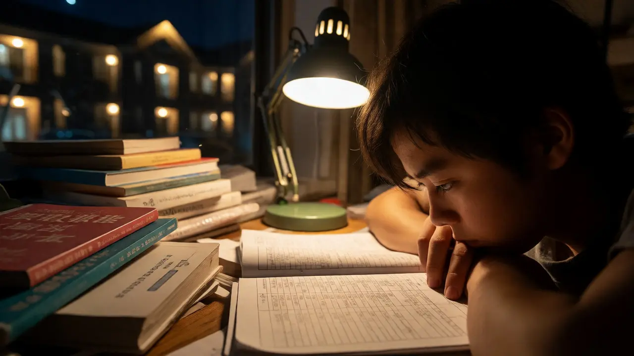 Ein Schüler lernt nachts unter einer Lampe, umgeben von Nachhilfematerialien.