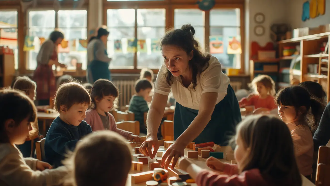 Erzieherin betreut eine große Gruppe Kinder in einem hellen Kindergartenraum
