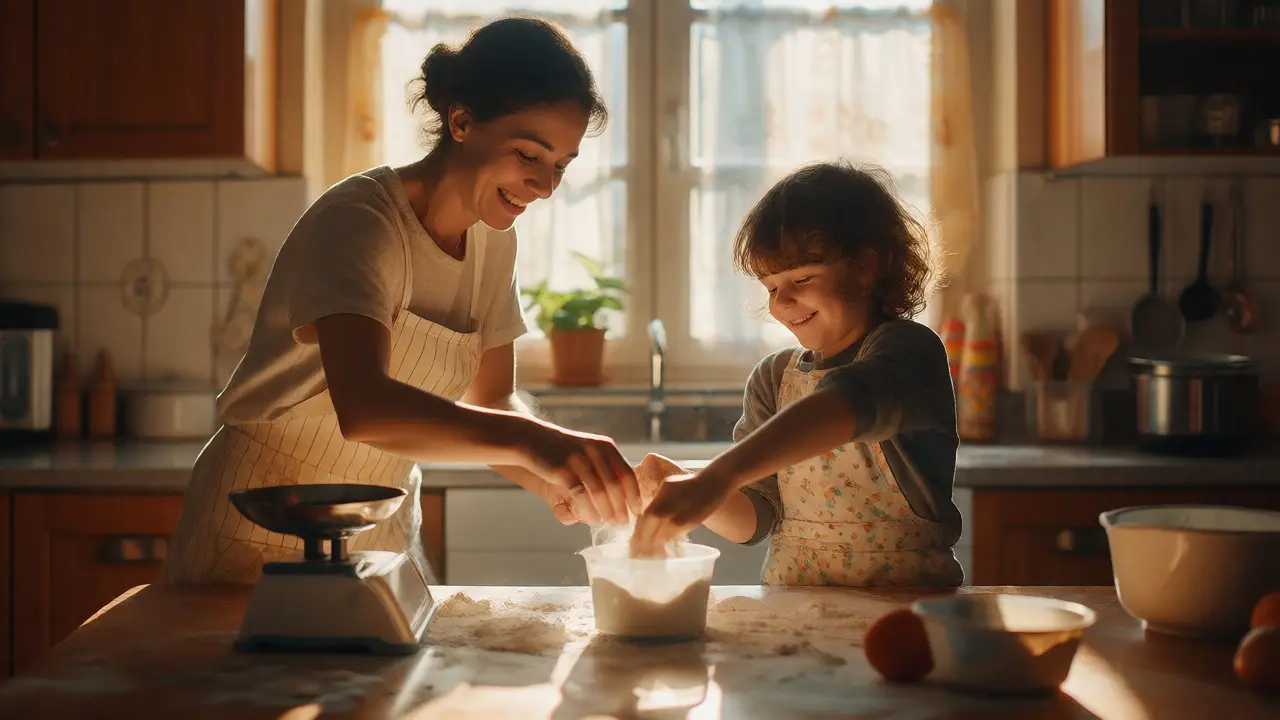 Familie übt Mathe beim Backen