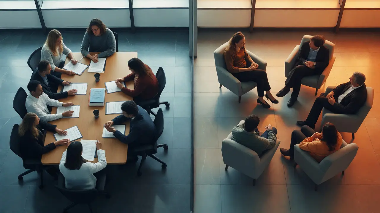 Gegenüberstellung von externer Evaluation und Supervision in getrennten Räumen.