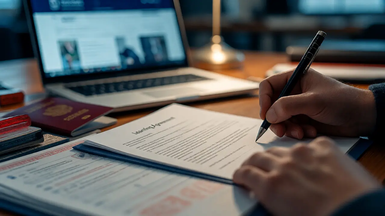 Hände unterschreiben ein Learning Agreement für die akademische Anerkennung.