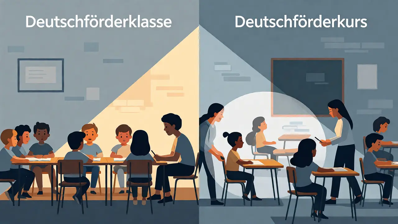 Illustration zeigt den Unterschied zwischen getrennter Förderklasse und integriertem Förderkurs.