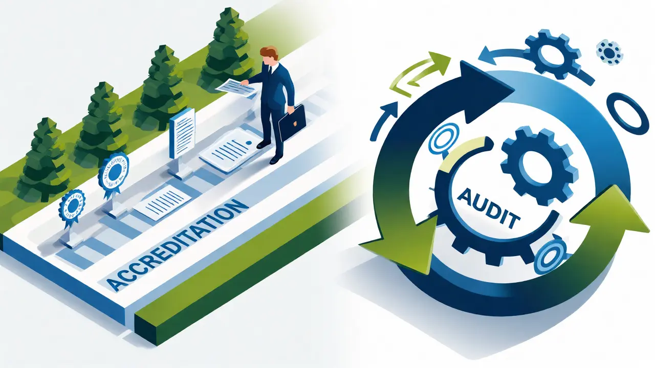 Isometrische Illustration von Akkreditierung und Audit im Hochschulwesen