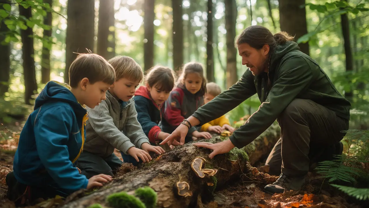Kinder lernen bei einer Waldpädagogik-Führung im Wald die Natur kennen