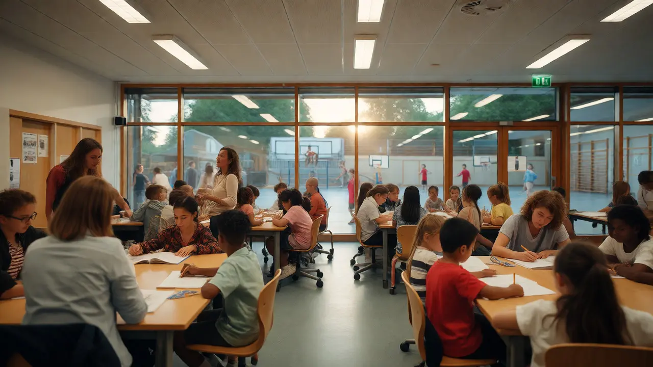 Kinder lernen und spielen in einer Ganztagsbetreuung am Nachmittag.