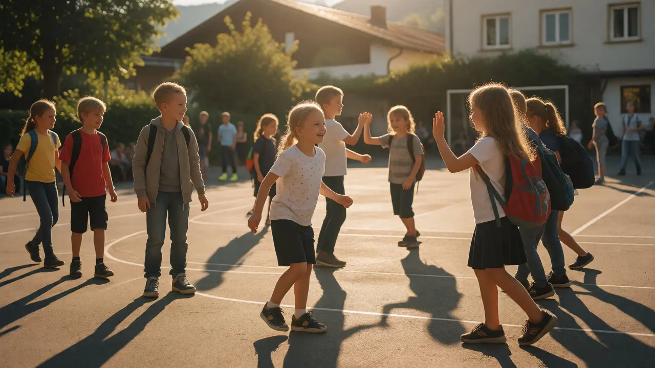 Kinder spielen gemeinsam auf einem Schulhof in Österreich, was soziale Integration symbolisiert.