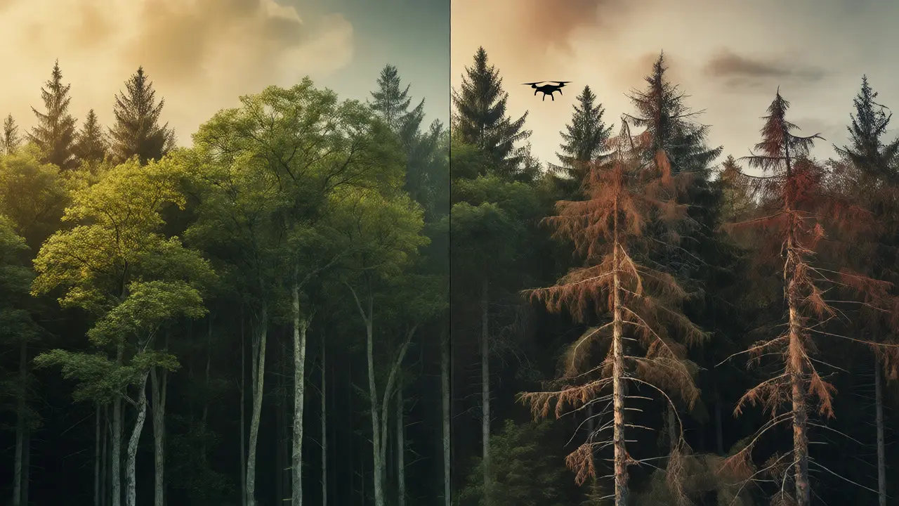 Kontrast zwischen gesundem Mischwald und vom Klimawandel betroffenem Forst