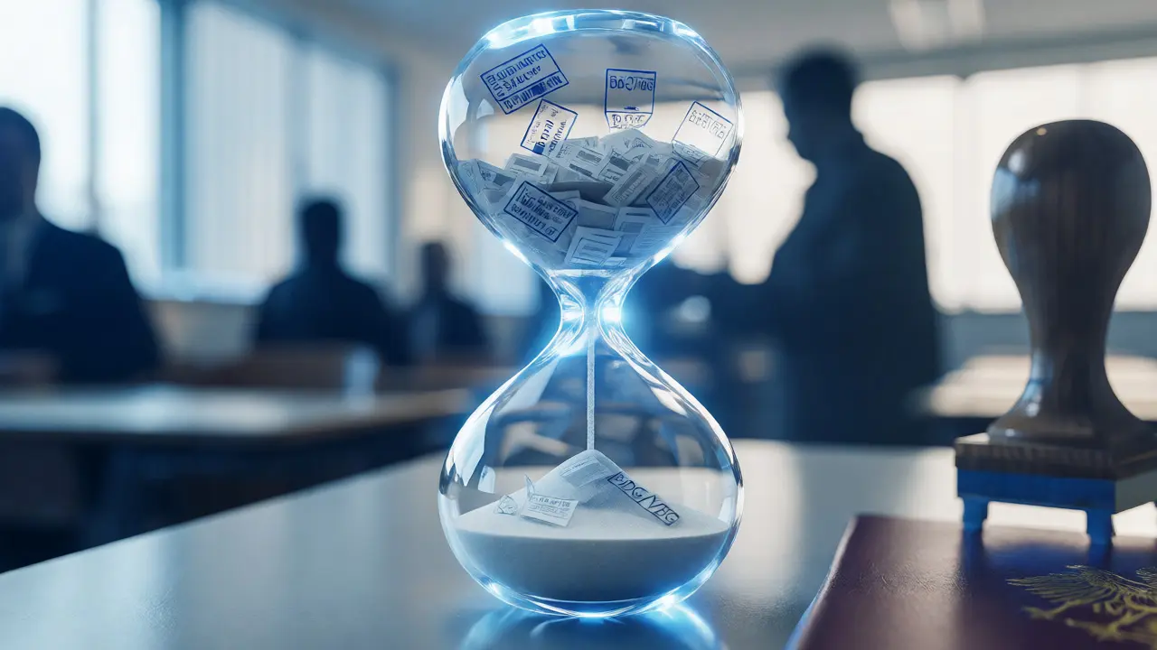 Konzeptuelle Darstellung des Sabbaticals als Sanduhr aus Dokumenten