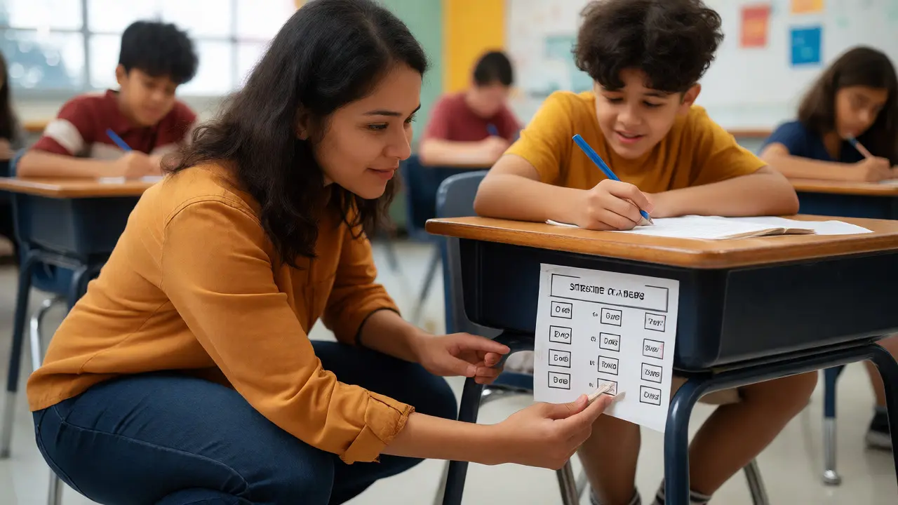 Lehrerin unterstützt Schüler mit visueller Checkliste am Tisch