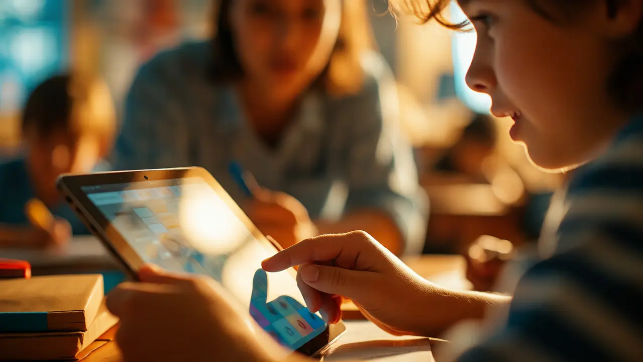 Schüler nutzt engagiert ein Tablet während die Lehrerin den Lernerfolg beobachtet