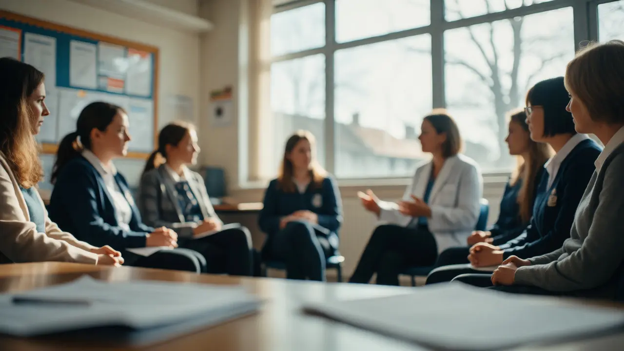 Schulpsychologe leitet Reflexionsrunde mit Lehrkräften nach einem Vorfall.
