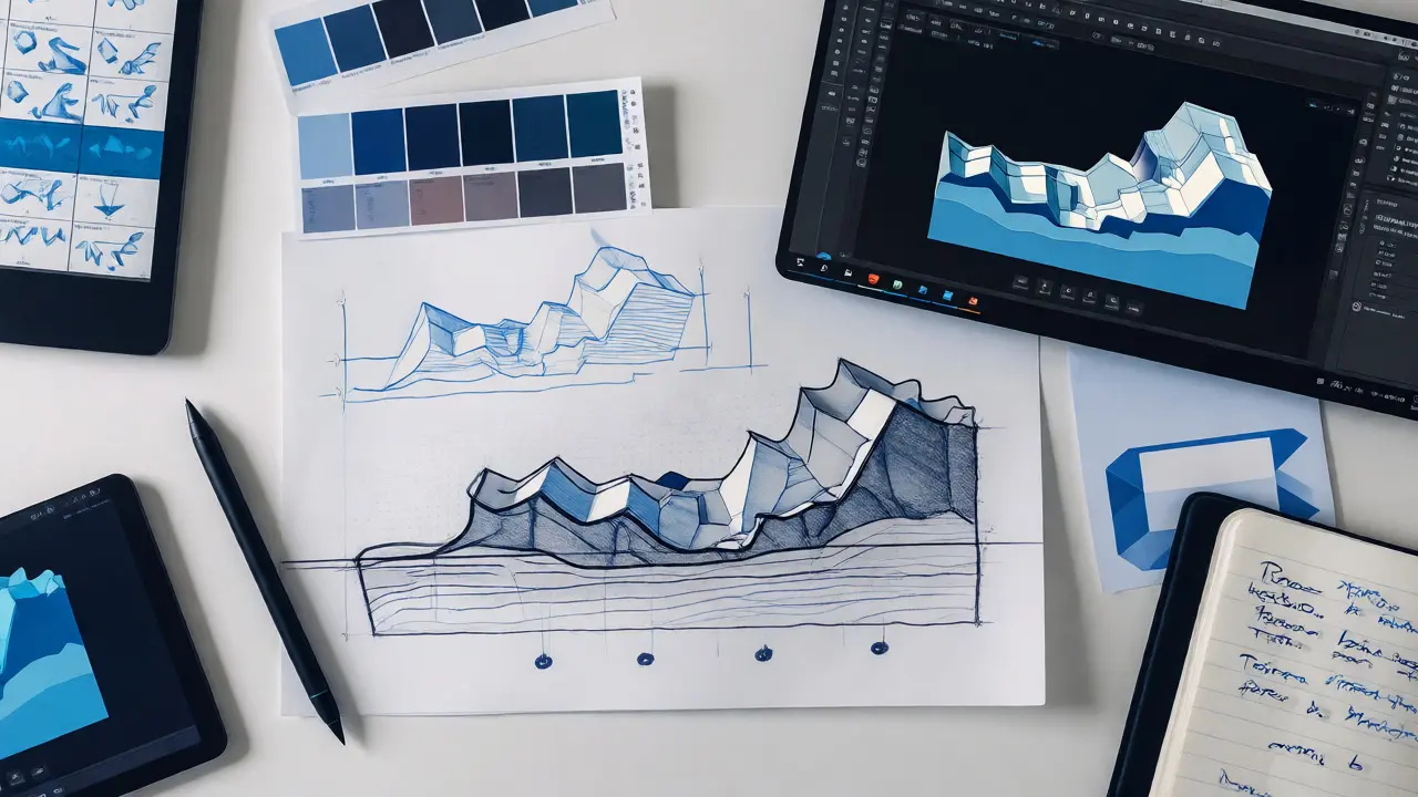 Skizzen und 3D-Modellierung am Schreibtisch eines Illustrators
