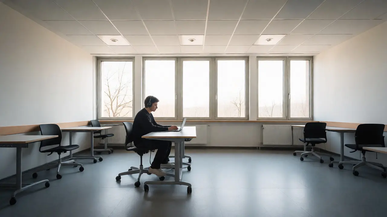 Studentin allein in einem ruhigen Prüfungsraum mit Laptop