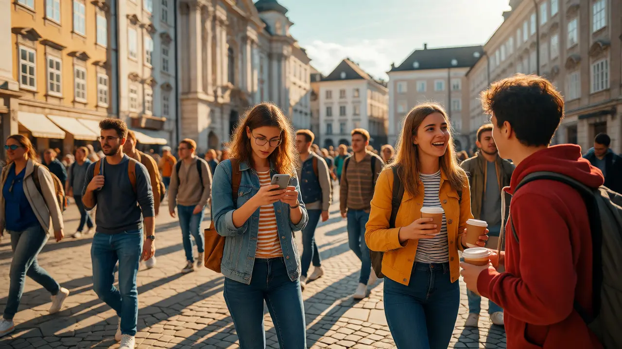 Studierende erkunden eine österreichische Altstadt und vernetzen sich lokal.
