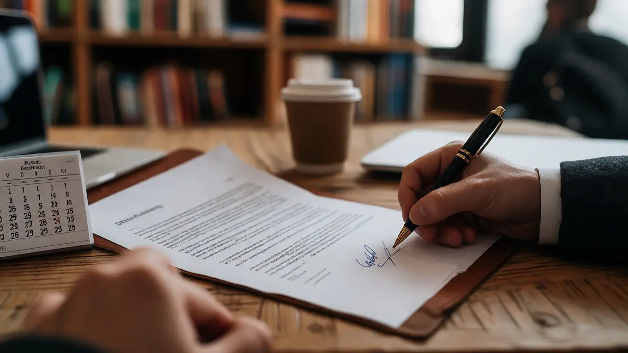 Unterschrift unter Dissertationsvereinbarung am Schreibtisch