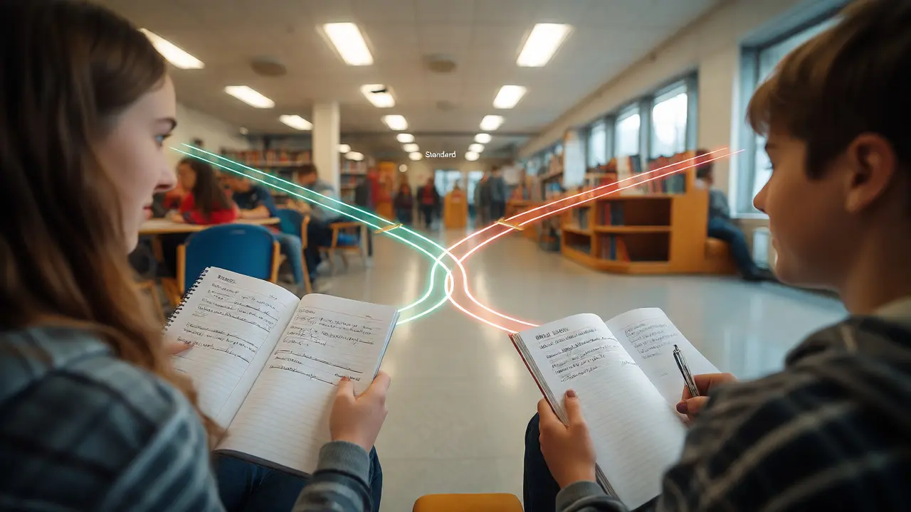 Zwei österreichische Schüler diskutieren ihre Lernfortschritte anhand ihrer Zeugnisse und Rückmeldungen.